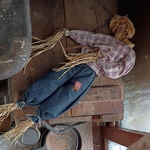 Handmade Straw Doll with Plaid Shirt and Denim Pants